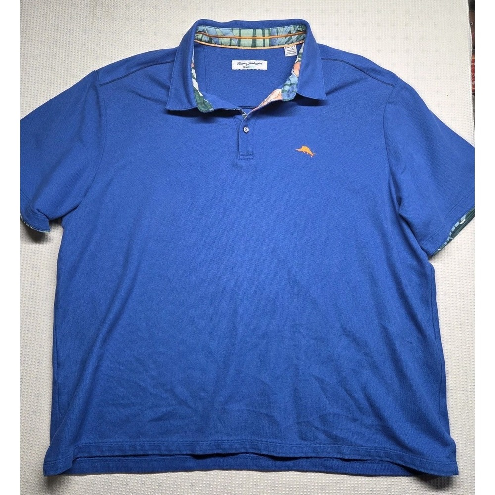 Tommy‎ Bahama Polo Shirt Mens XXL Blue Orange Marlin Flip Cuff Tropical Shirt